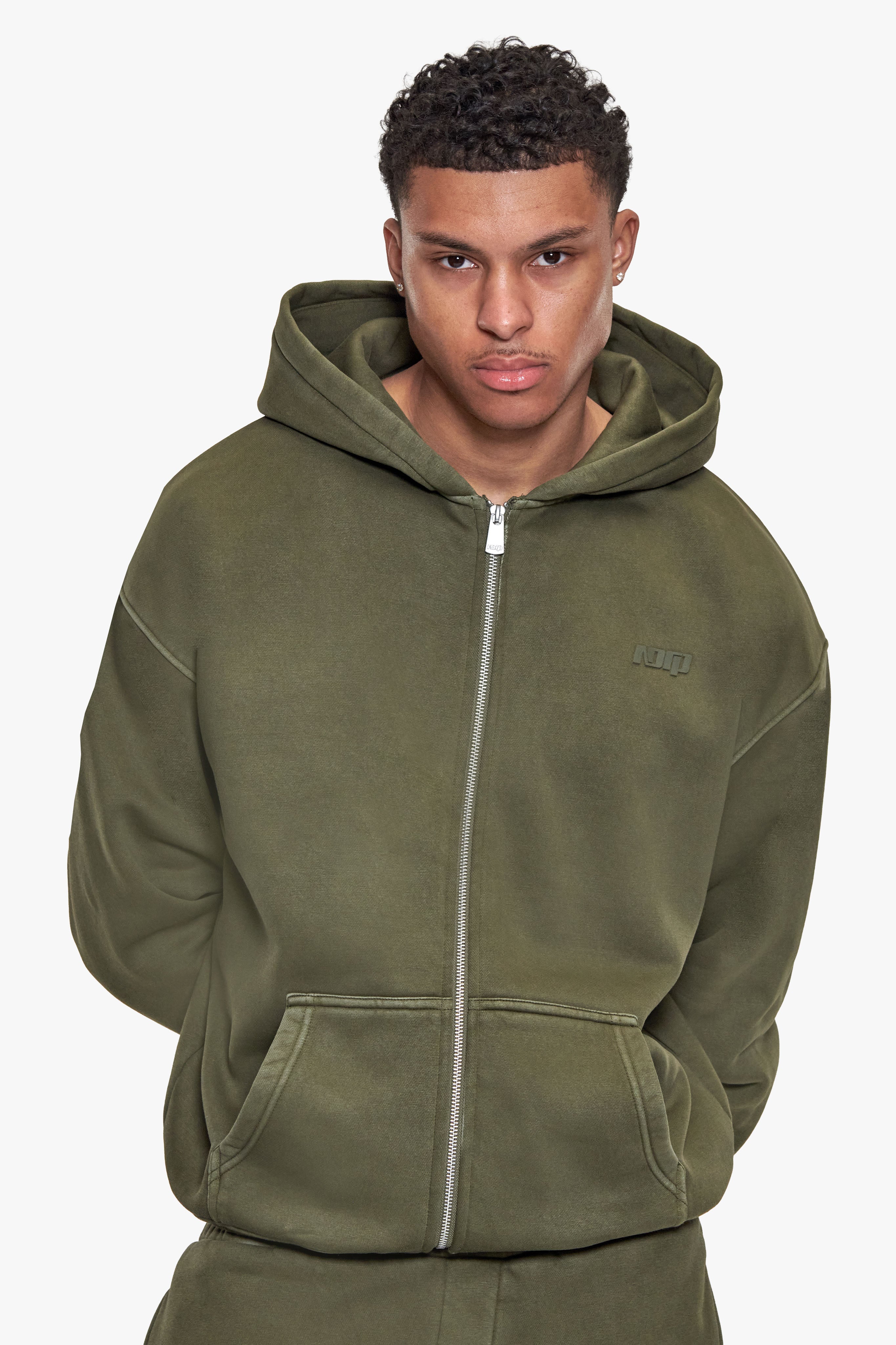 BASIC ZIP HOODIE ACID WASHED OLIVE