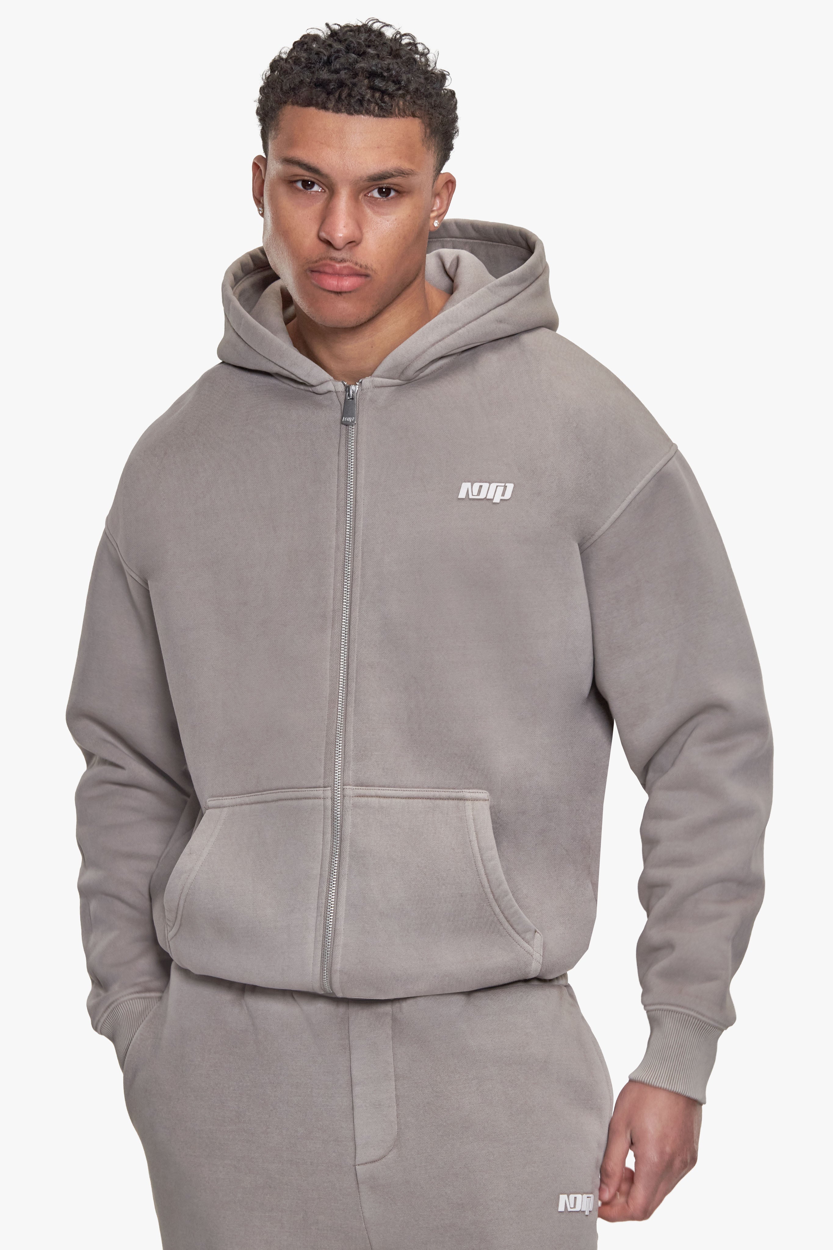 BASIC ZIP  HOODIE ACID WASHED BEIGE