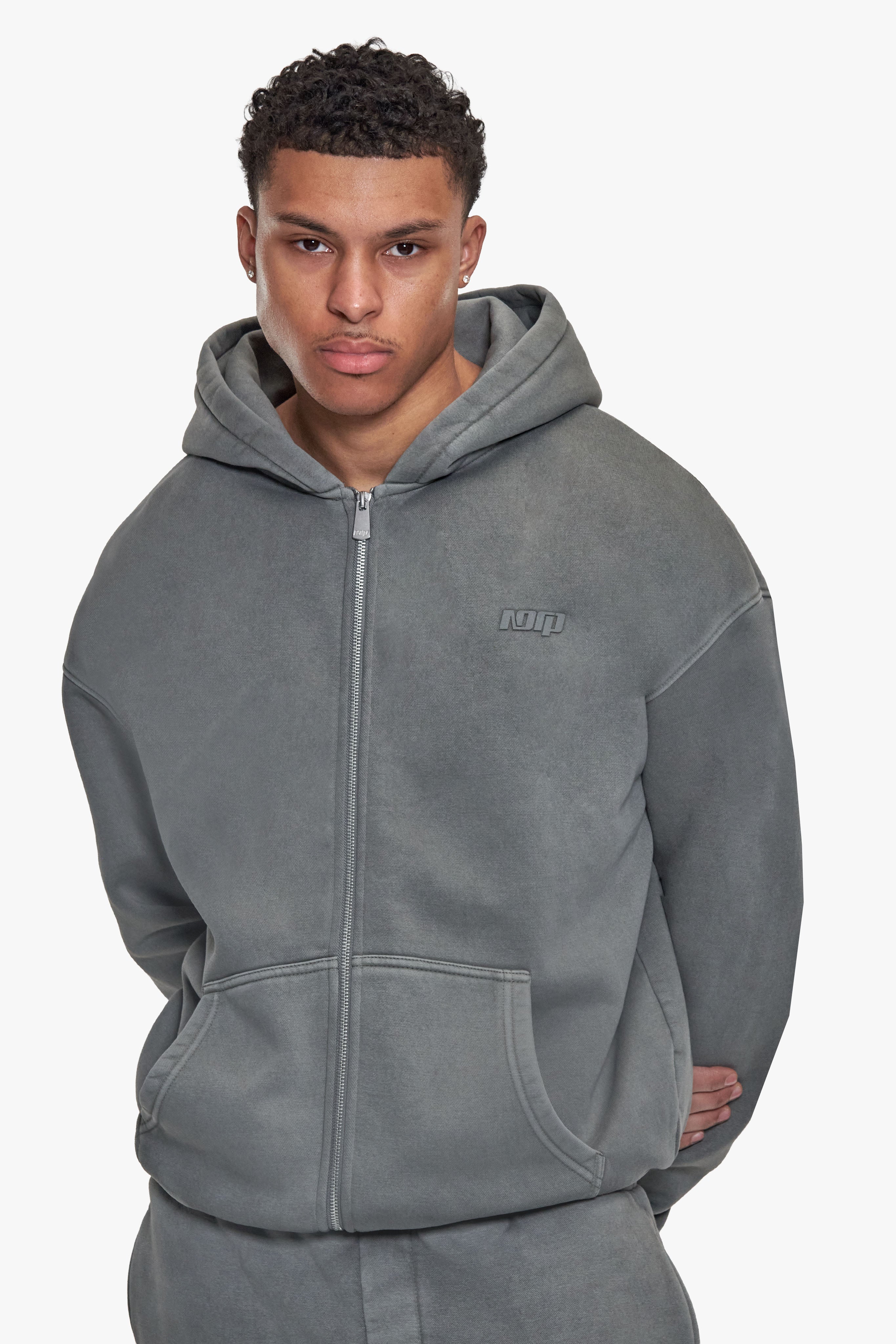 BASIC ZIP  HOODIE ACID WASHED GREY