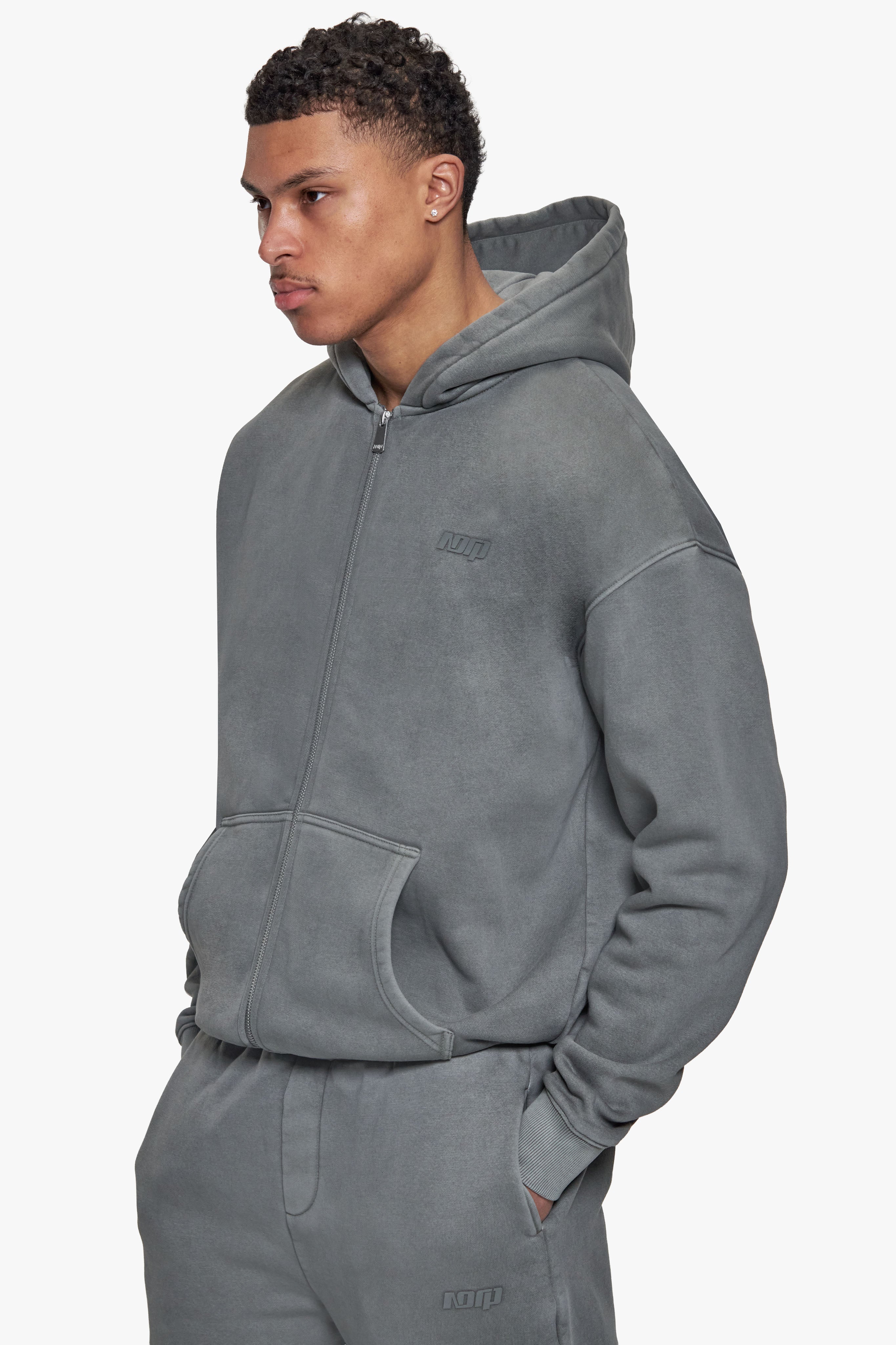 BASIC ZIP  HOODIE ACID WASHED GREY