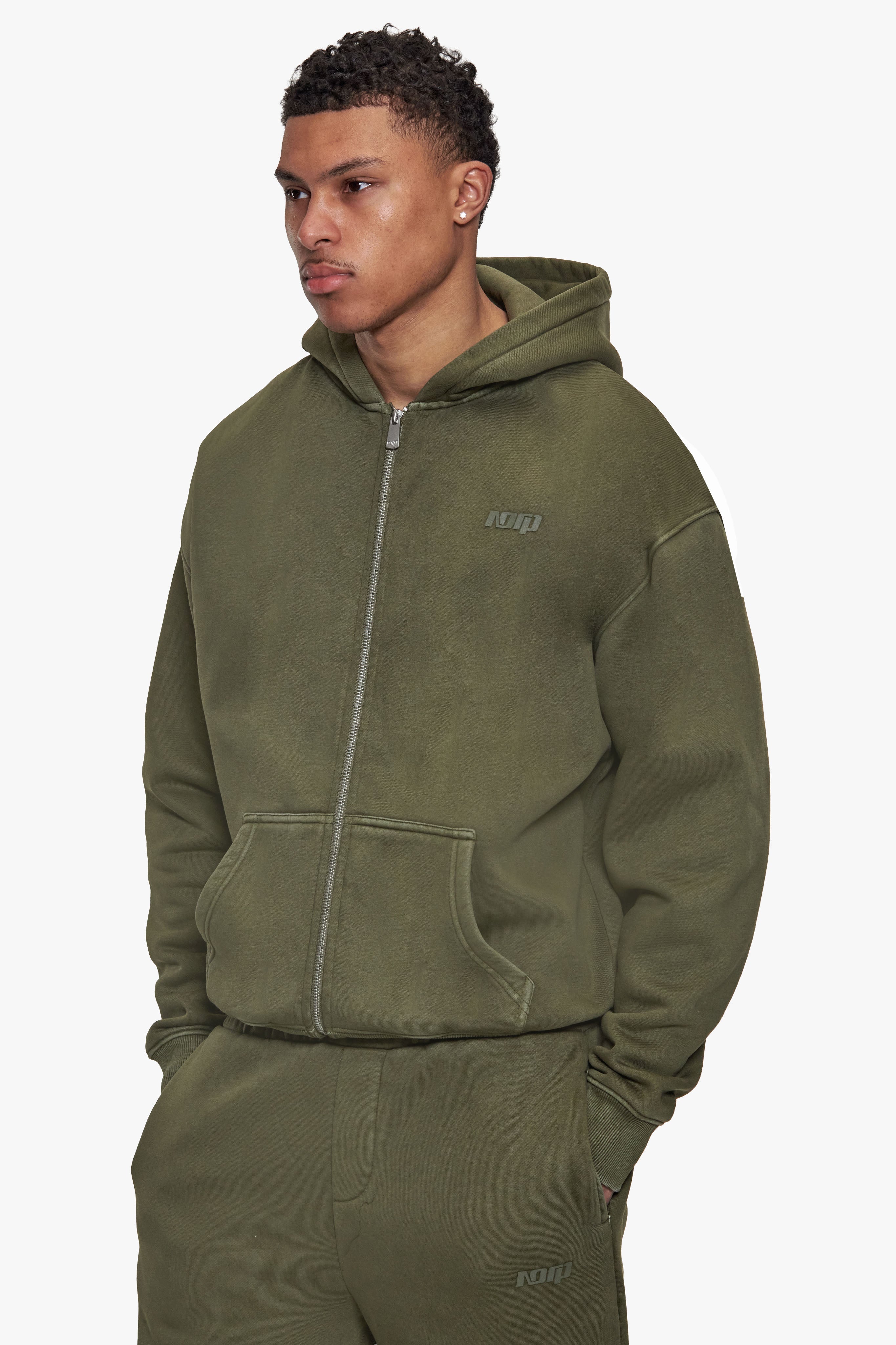 BASIC ZIP  HOODIE ACID WASHED OLIVE